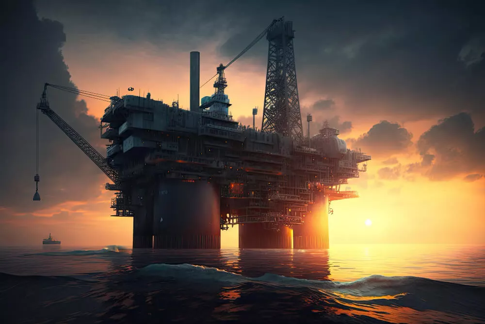 oil platform in the ocean with the sun setting behind it